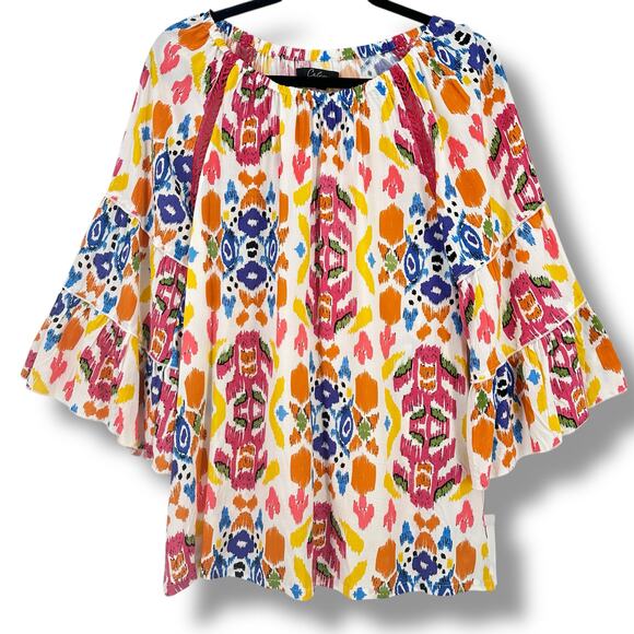 New Calessa Abstract Ikat Print 3/4 Tiered Sleeve Tunic Shirt Plus Sz 3X - Picture 2 of 8